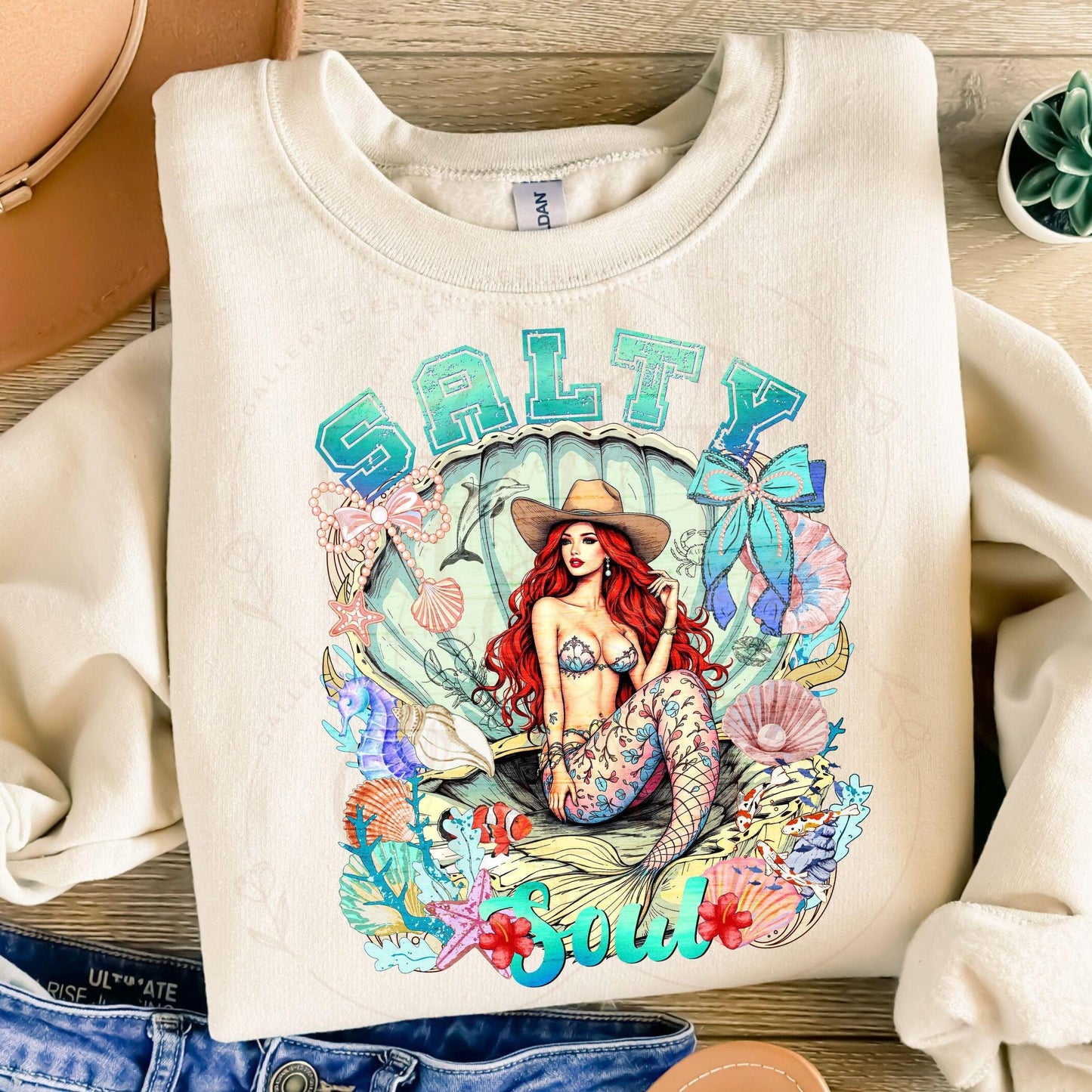 Salty Soul PNG, Coquette Cowgirl Mermaid Graphic, Coastal Summer Girl Art, Western Beach Shirt Design