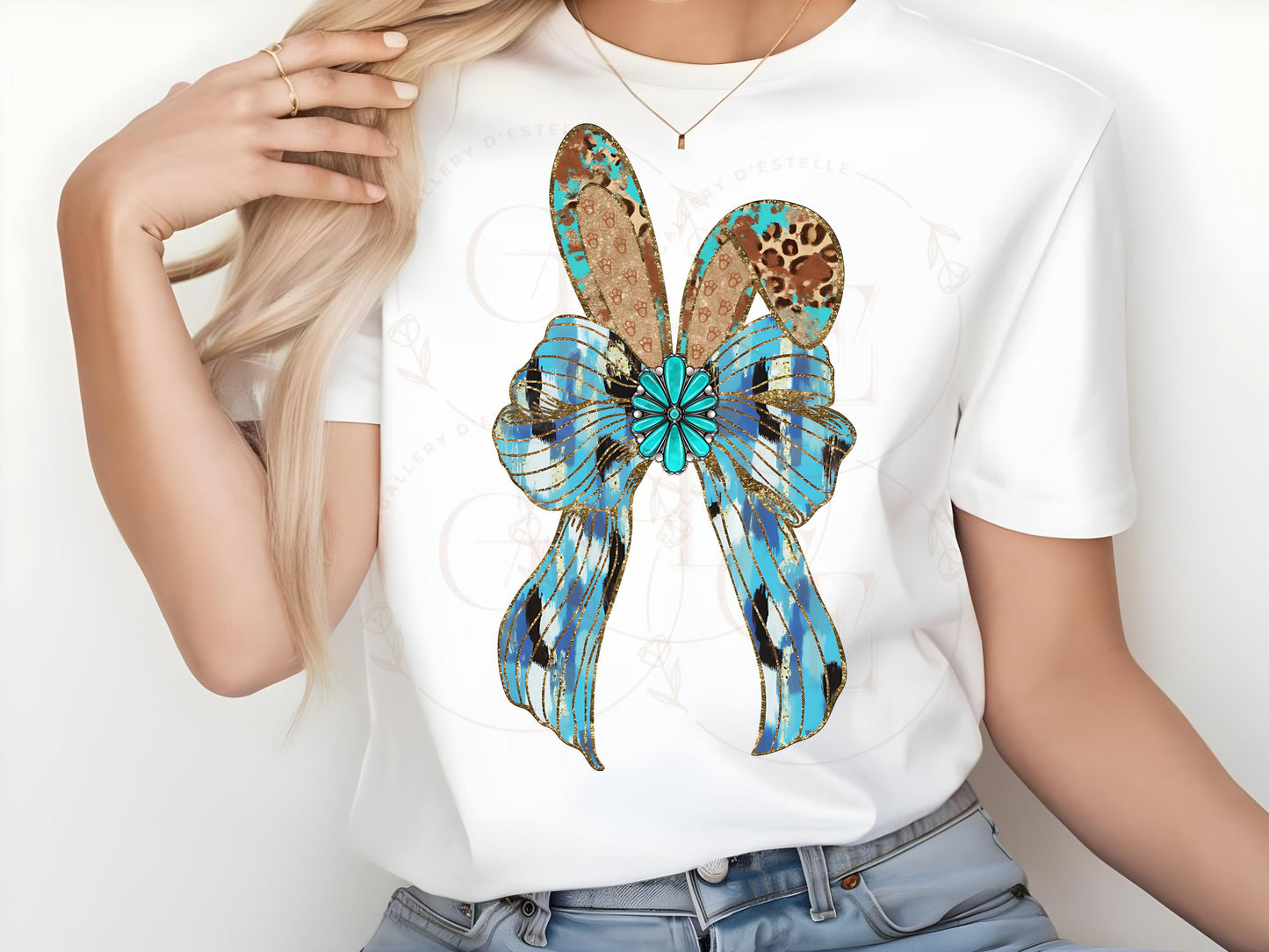 Western Coquette Glitter Bow PNG, Blue Brushstroke Easter Bunny Graphic, Trendy Cowgirl Shirt Design