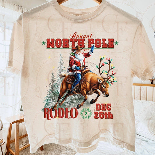 North Pole Rodeo Western PNG, Retro Santa Riding Reindeer Graphic, Vintage Cowboy Christmas Design, Trendy Holiday Country Shirt Sublimation