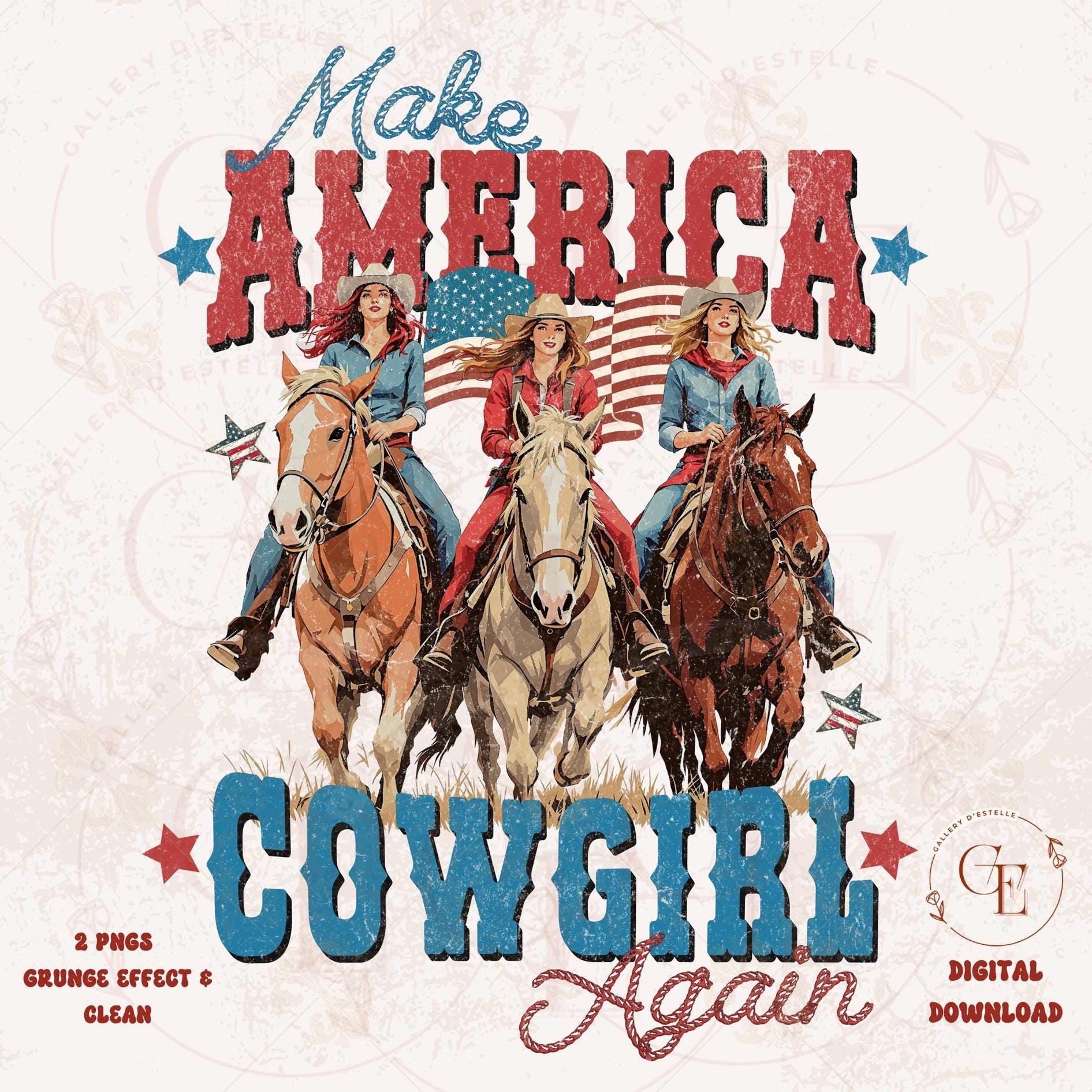 Make America Cowgirl Again PNG featuring vintage western cowgirl with patriotic 4th of July elements for Independence Day country shirt design
