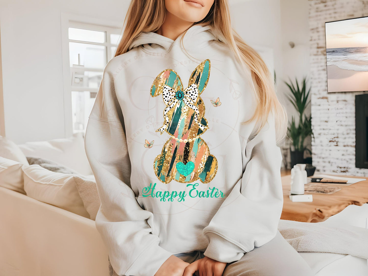 Coquette Glitter Bunny PNG, Dalmatian Gold Brushstroke Bow Graphic, Trendy Happy Easter Country Shirt Design