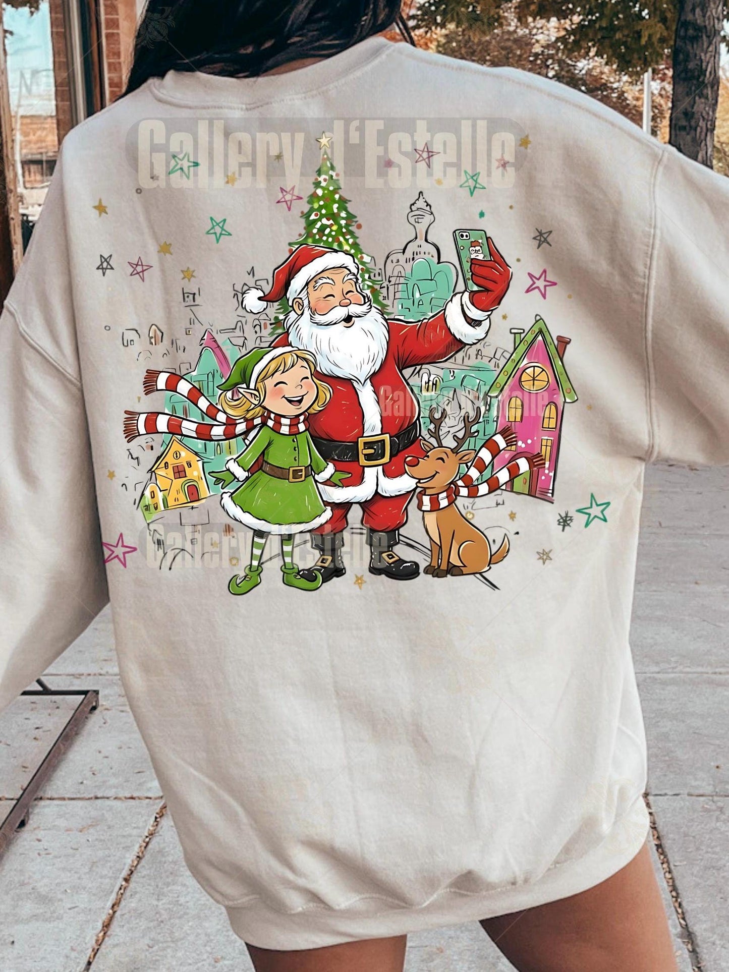 Retro Christmas Town PNG, Whimsical Santa and Elf Graphic, Preppy Holiday Scene Design, Festive Shirt Sublimation