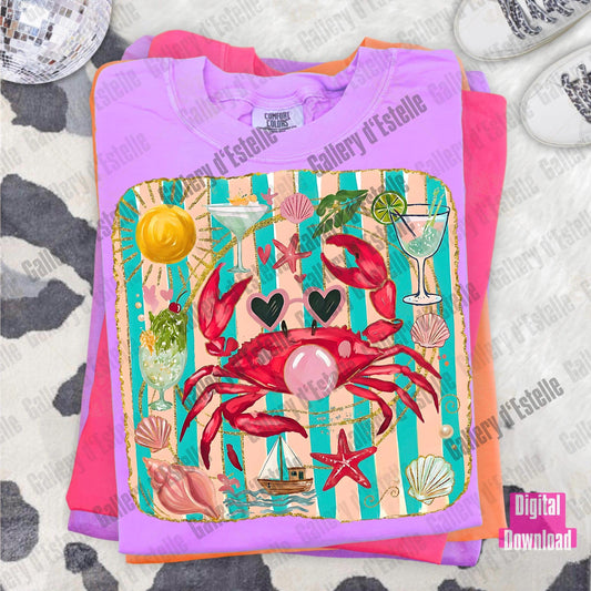 Stack of colorful t-shirts with a vibrant graphic design featuring a red crab, cocktail, and beach elements on a textured surface.