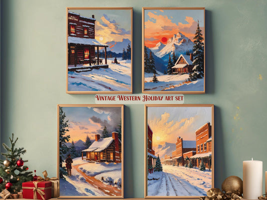 Vintage Western Holiday Art Set, Nostalgic Rustic Christmas Wall Art for Farmhouse Decor & Country Charm Aesthetic