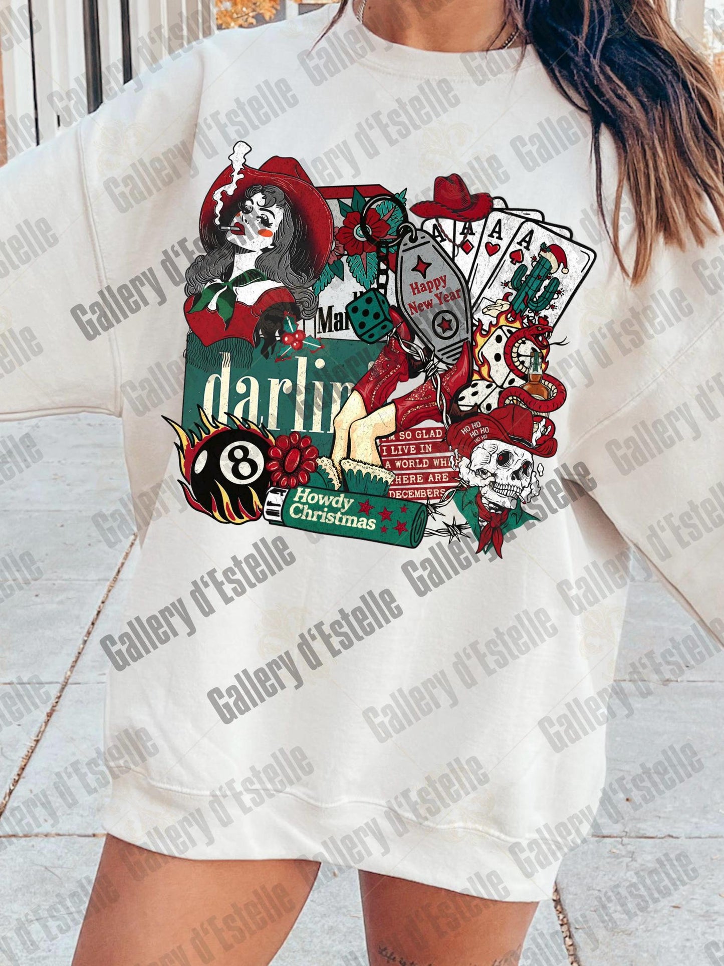 Western Cowgirl Christmas Collage PNG, Festive Cowboy Skeleton Graphic, Gothic Santa Holiday Design, Edgy Country Shirt Design