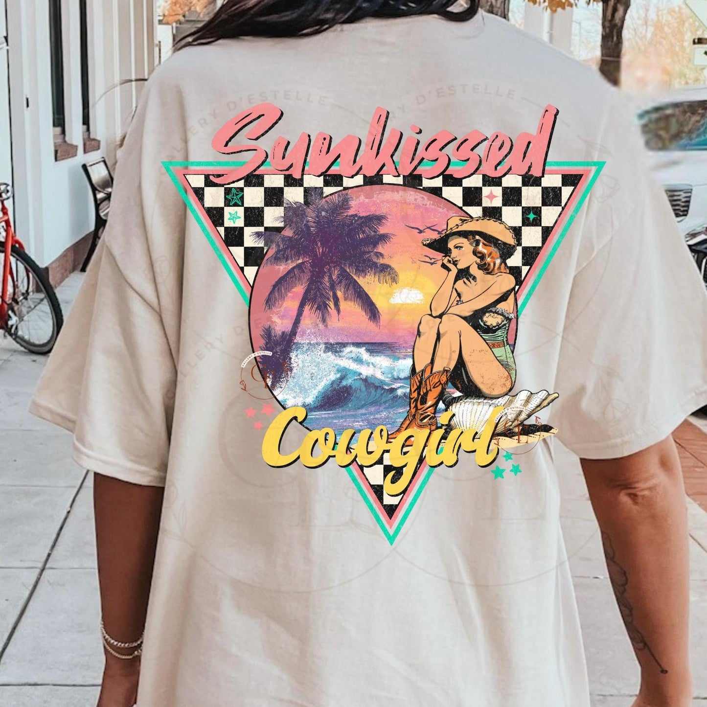 Sunkissed Cowgirl PNG, Retro Coastal Summer Vibes Graphic, Trendy Western Checkered Shirt Design