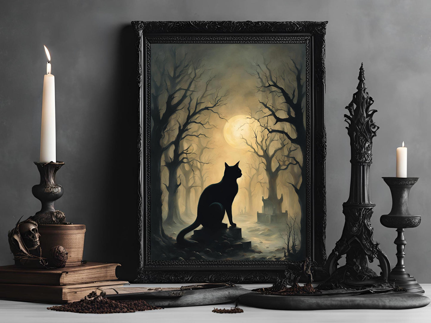 Haunted Black Cats Wall Art Set, Eerie Feline Dark Aesthetic Prints for Gothic Halloween Decor
