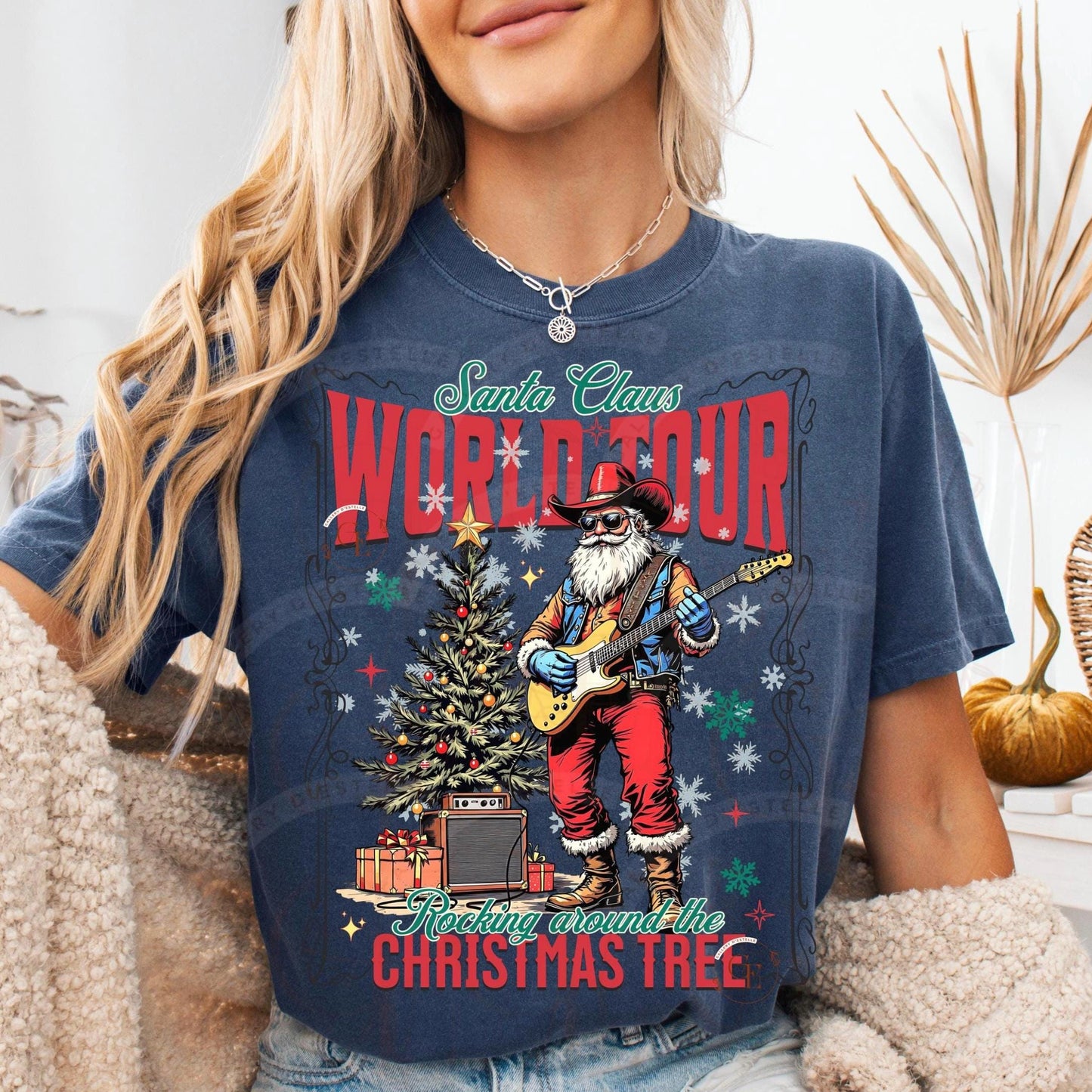Santa Claus World Tour Western PNG, Retro Christmas Cowboy Rocker Graphic, Trendy Holiday Country Shirt Design