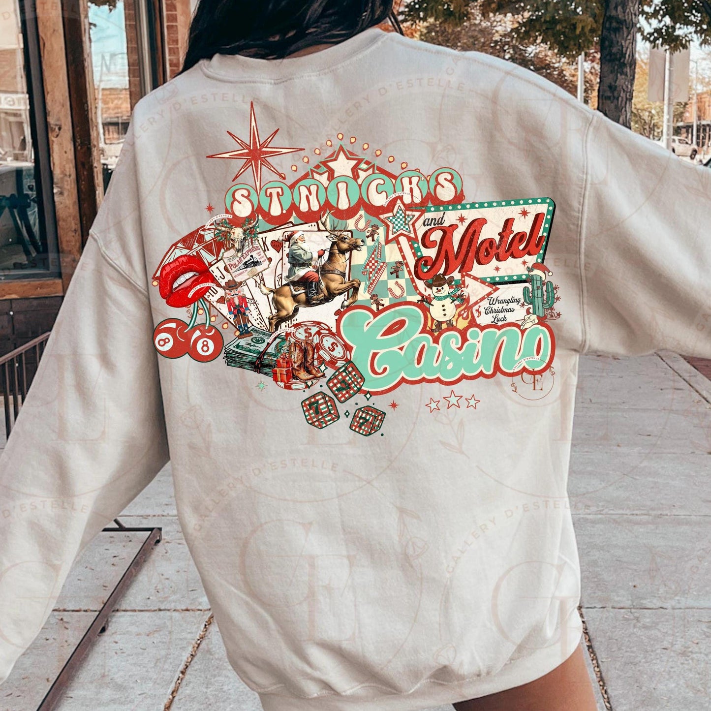 St. Nick's Casino and Motel Western Collage PNG, Retro Vegas Christmas Graphic, Edgy Cowboy Santa Casino Art, Country Holiday Shirt Design