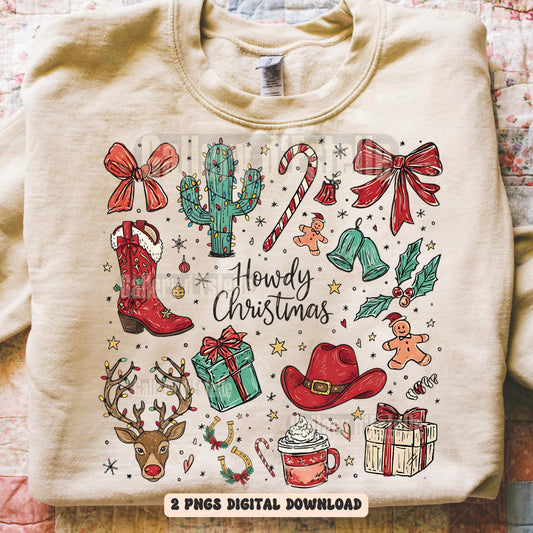 Coquette Cowgirl Christmas Collage PNG, Festive Western Doodle Art, Cowboy Reindeer Holiday Graphic, Trendy Country Shirt Design