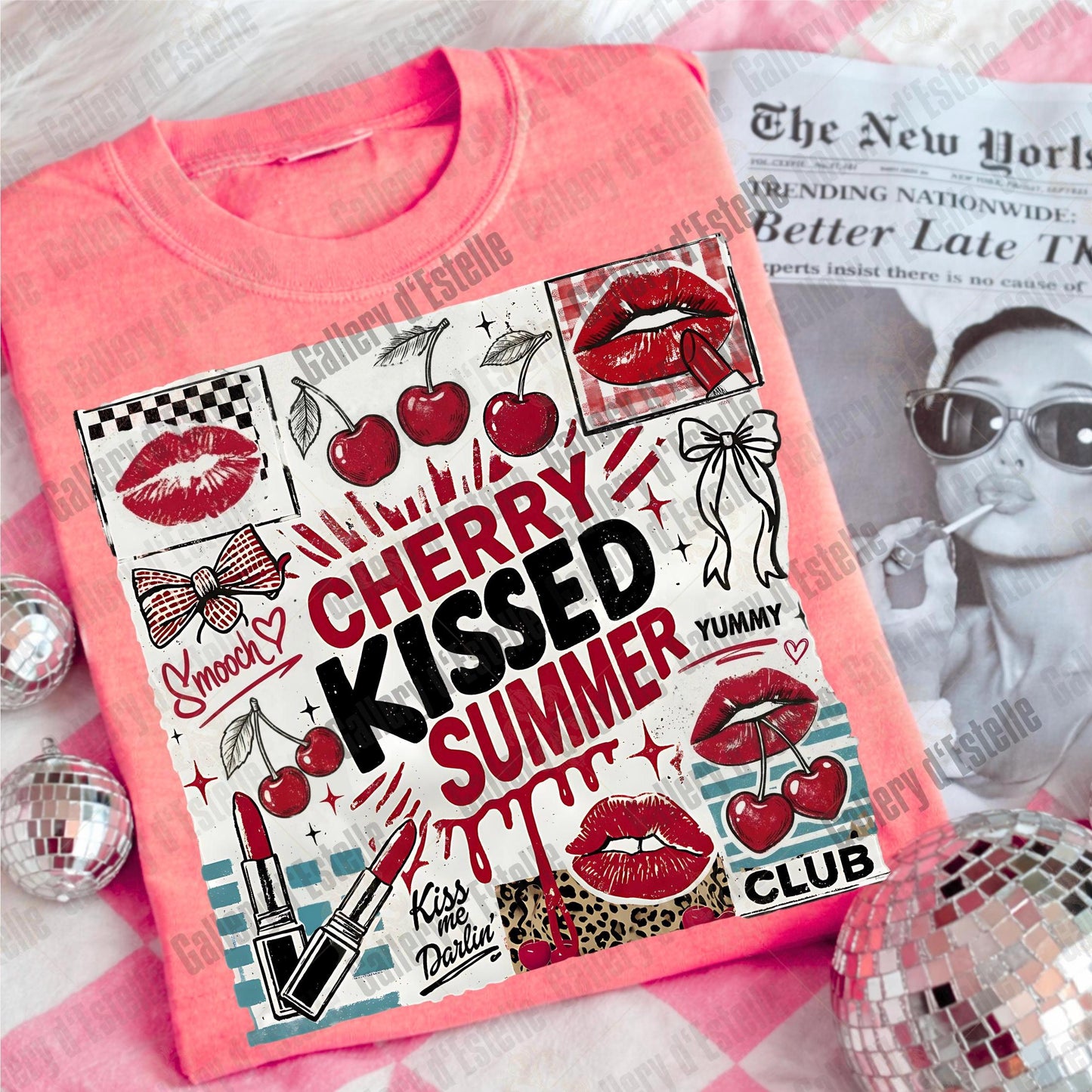 Cherry Kissed Summer PNG, Coquette Cherry Graphic, Trendy Beach Shirt Design