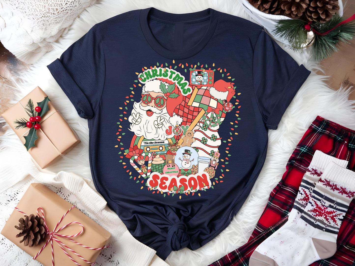 Retro Christmas Season PNG, Groovy Vintage Holiday Elements Collage, Festive Santa Shirt Design