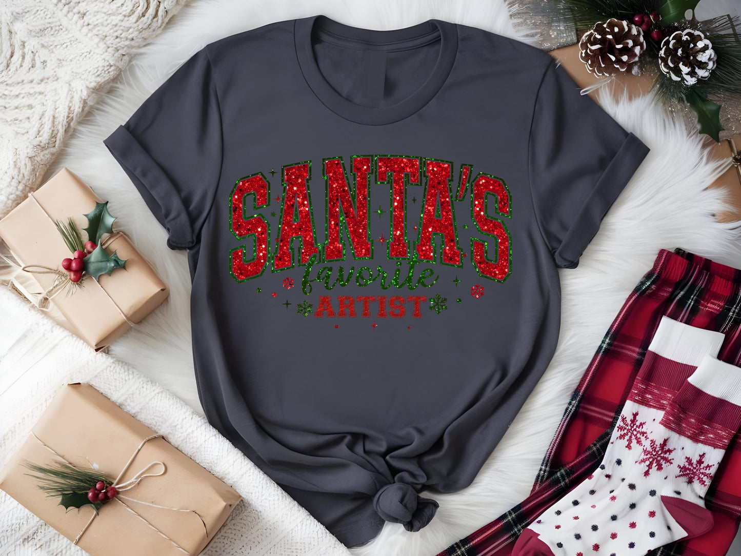 Santa's Favorite Artist PNG, Glitter Retro Christmas Graphic, Festive Santa Claus Shirt Design