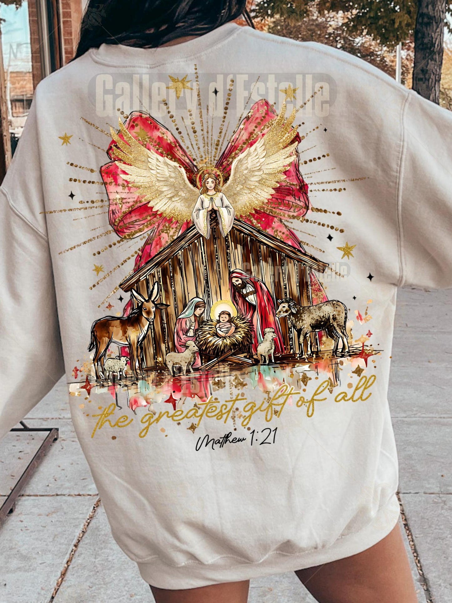 Preppy Nativity PNG, Glittery Christmas Scene Graphic, Religious Holiday Sublimation, Coquette Christian Shirt Design