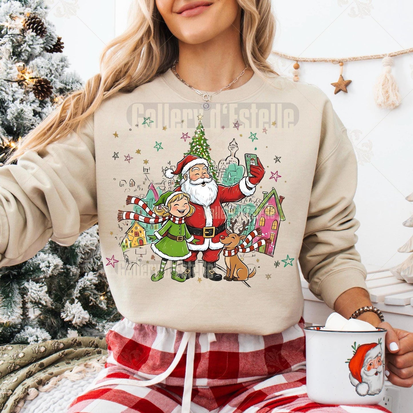 Retro Christmas Town PNG, Whimsical Santa and Elf Graphic, Preppy Holiday Scene Design, Festive Shirt Sublimation