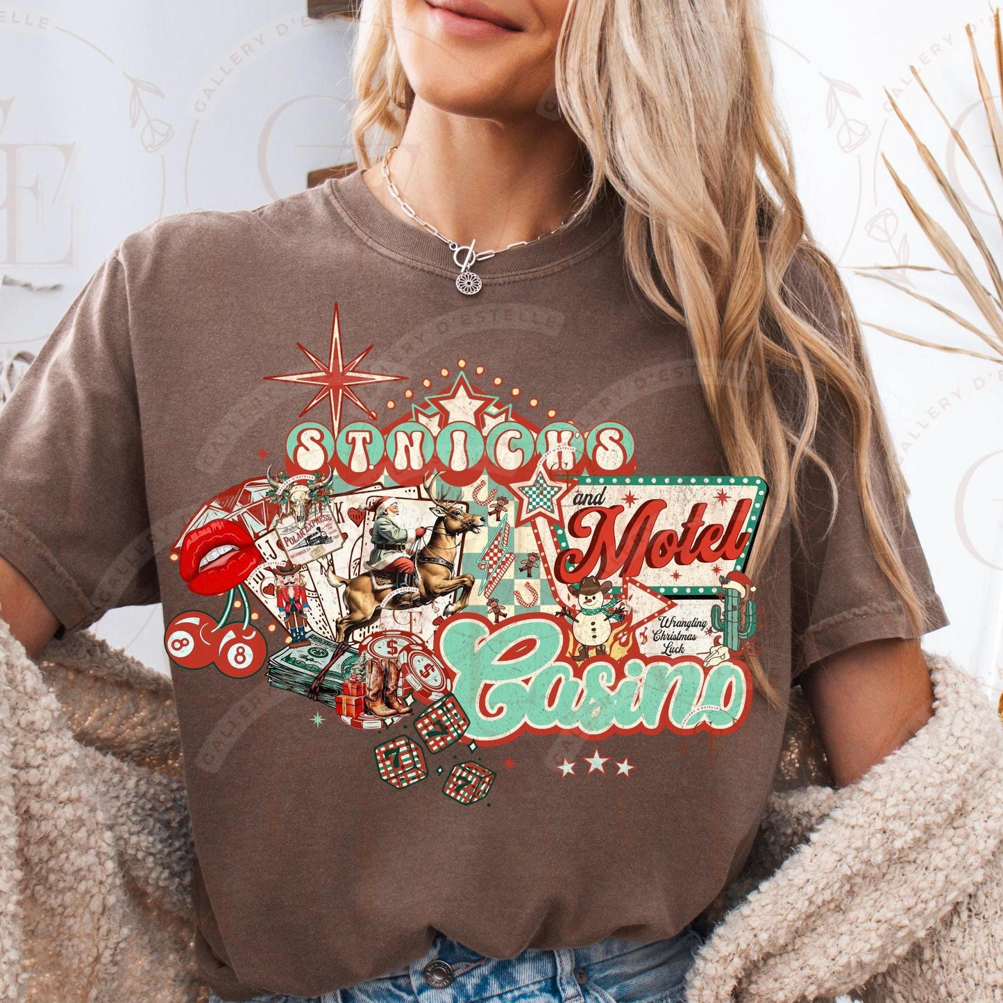 St. Nick's Casino and Motel Western Collage PNG, Retro Vegas Christmas Graphic, Edgy Cowboy Santa Casino Art, Country Holiday Shirt Design