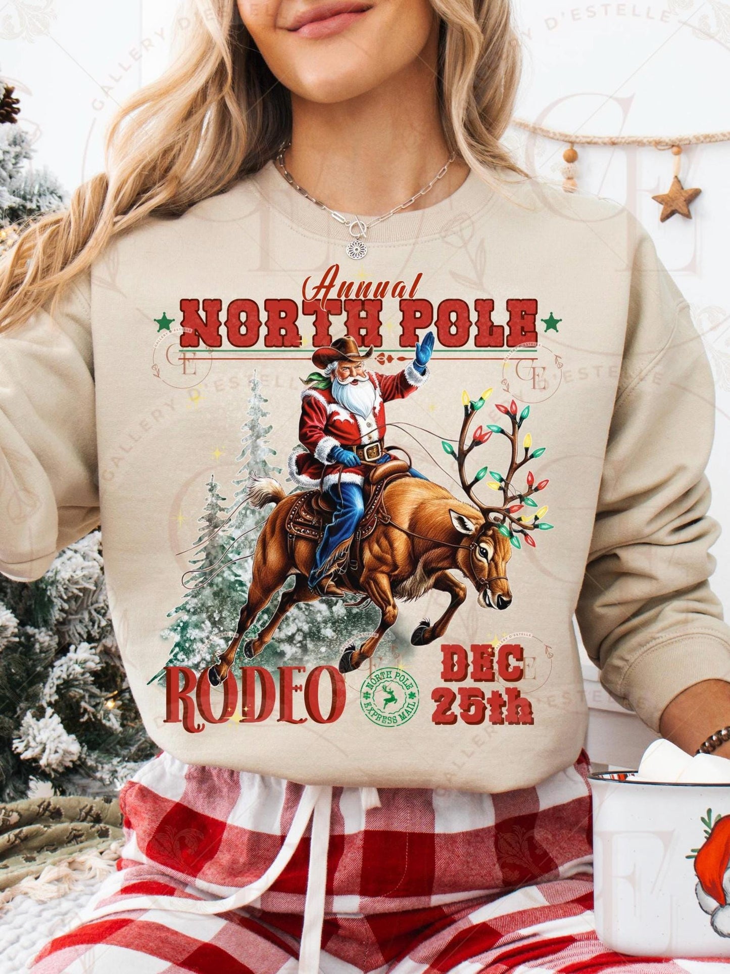 North Pole Rodeo Western PNG, Retro Santa Riding Reindeer Graphic, Vintage Cowboy Christmas Design, Trendy Holiday Country Shirt Sublimation
