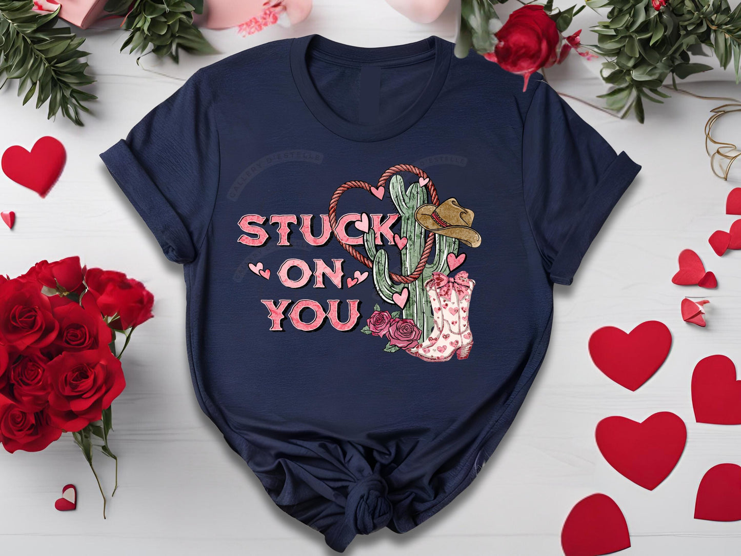 Stuck on You Western PNG, Rustic Cowgirl Cactus Art, Wild West Valentines Shirt Design