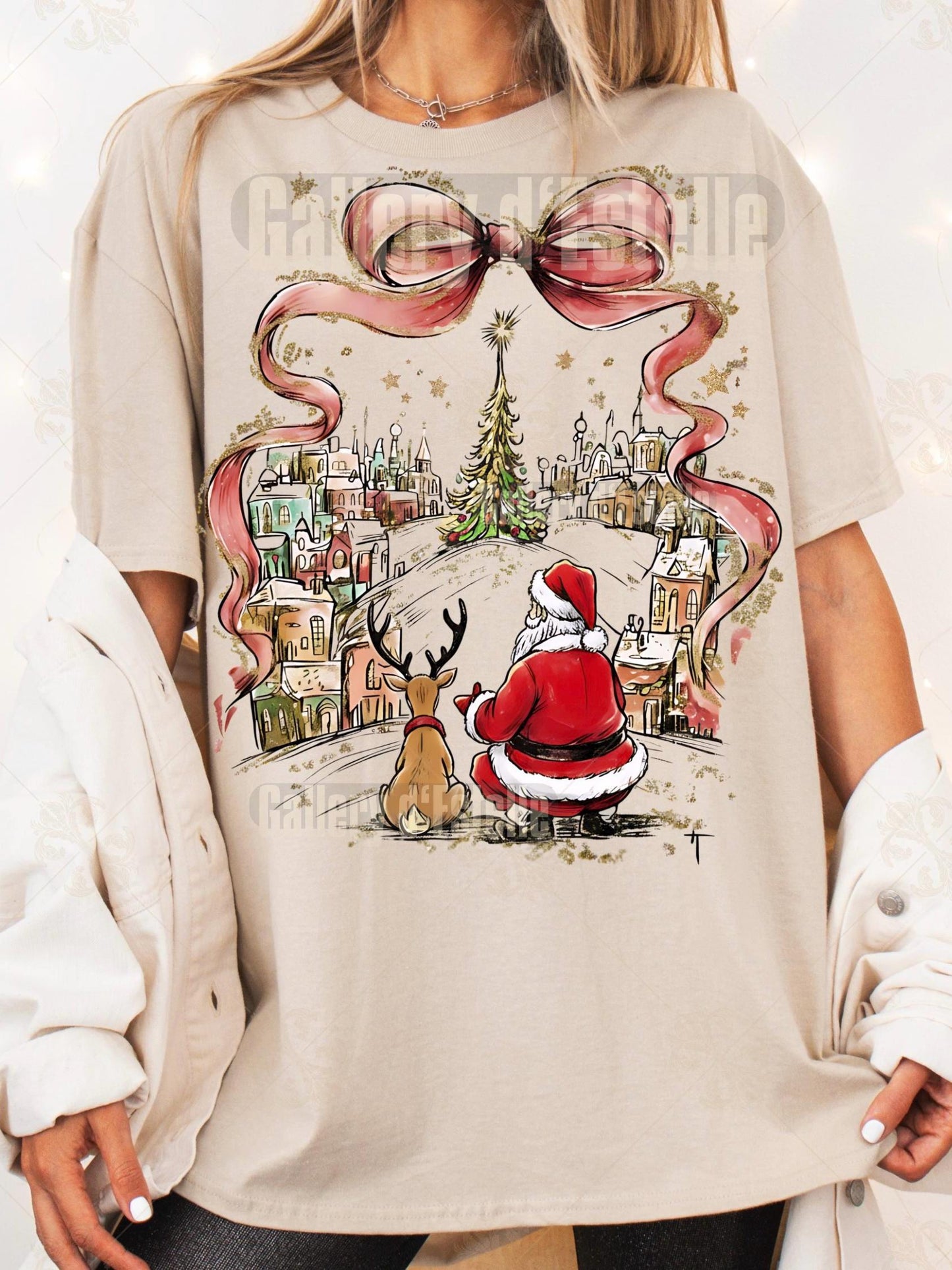 Coquette Christmas Town PNG, Retro Santa & Reindeer Graphic, Whimsical Holiday Shirt Design, Festive Christmas Art