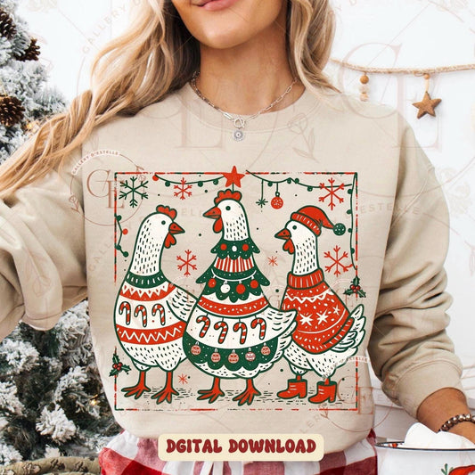 Boho Christmas Chickens PNG, Retro Festive Chicken Graphic, Vintage Farmhouse Holiday Sublimation, Coquette Chick Shirt Design