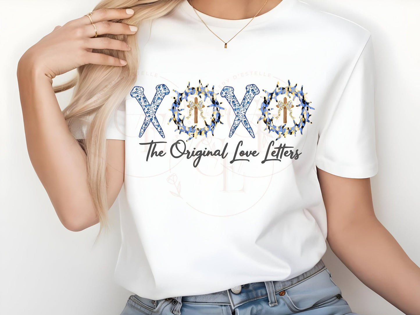 The Original Love Letters PNG, Blue Brushstroke Art, True Easter Religious Graphic, Coquette Christian Shirt Design.