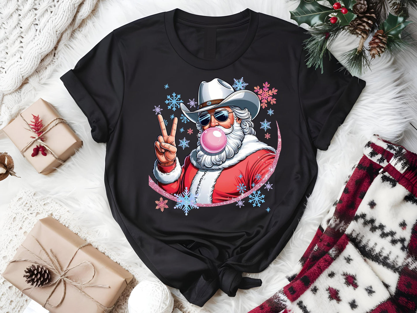 Retro Cowboy Santa Blowing Bubble PNG, Funny Western Christmas Shirt Design
