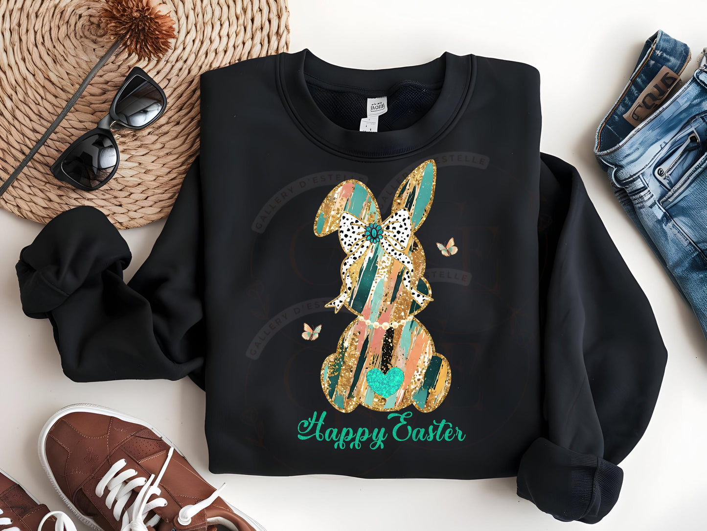 Coquette Glitter Bunny PNG, Dalmatian Gold Brushstroke Bow Graphic, Trendy Happy Easter Country Shirt Design