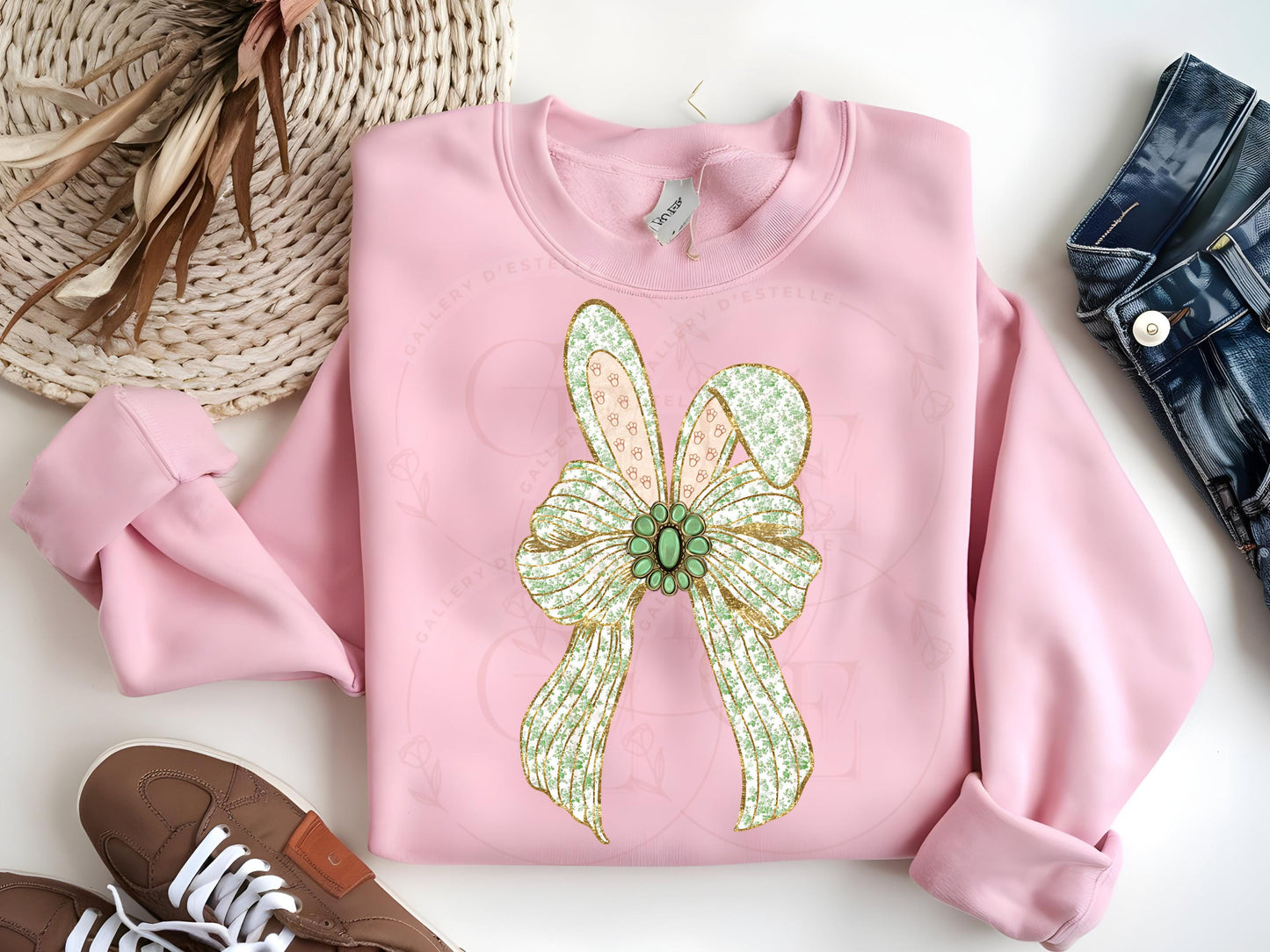 Coquette Easter Bunny Bow PNG, Green French Toile Glitter Graphic, Country Chic Shirt Design