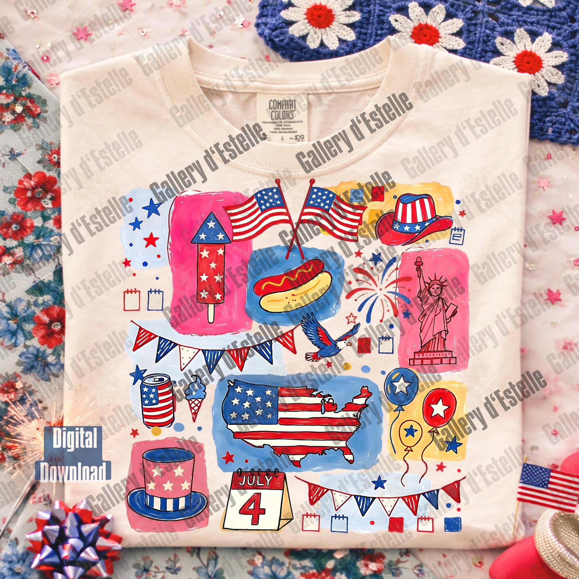 T-shirt with July 4th-themed graphics on a floral and textured surface