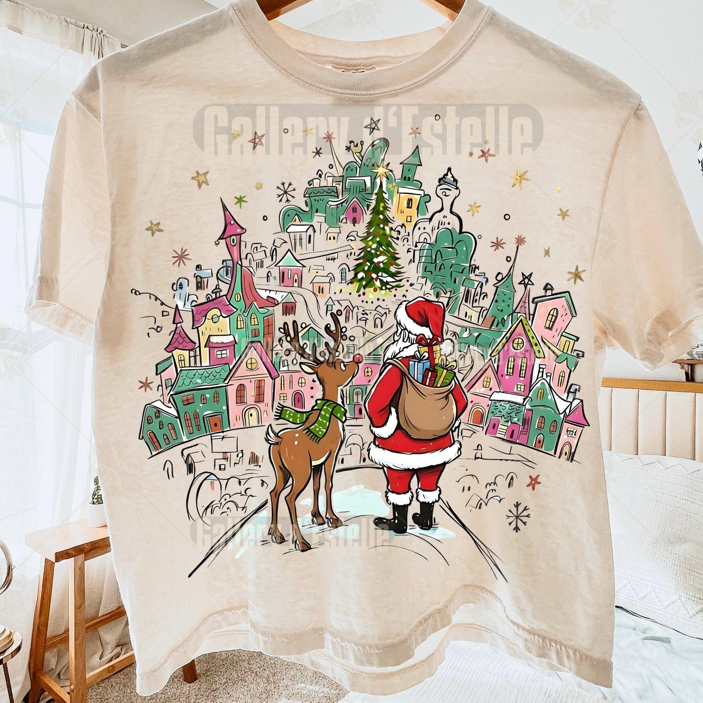 Retro Santa Town PNG, Coquette Christmas Reindeer Graphic, Nostalgic Holiday Sublimation, Festive Shirt Design