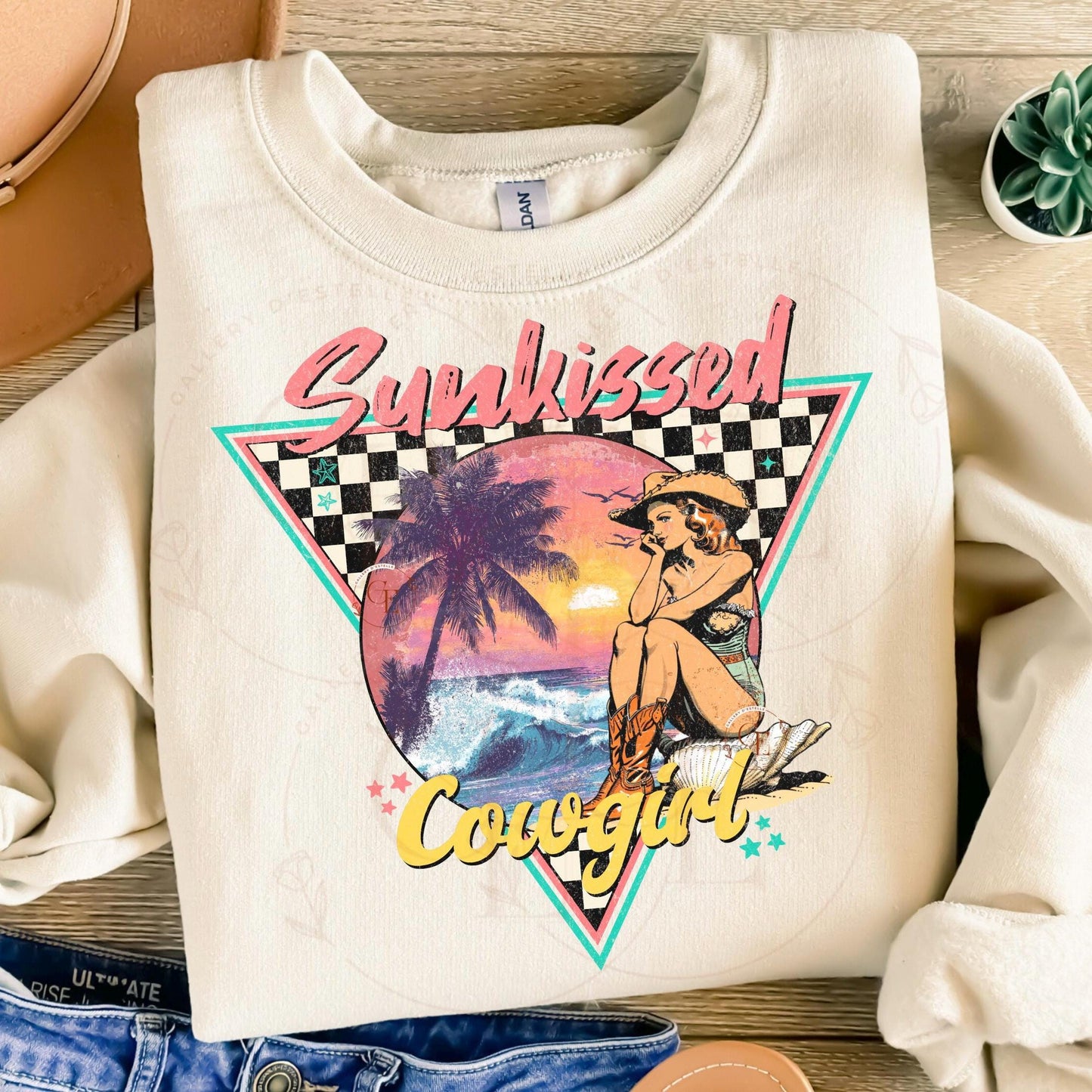 Sunkissed Cowgirl PNG, Retro Coastal Summer Vibes Graphic, Trendy Western Checkered Shirt Design