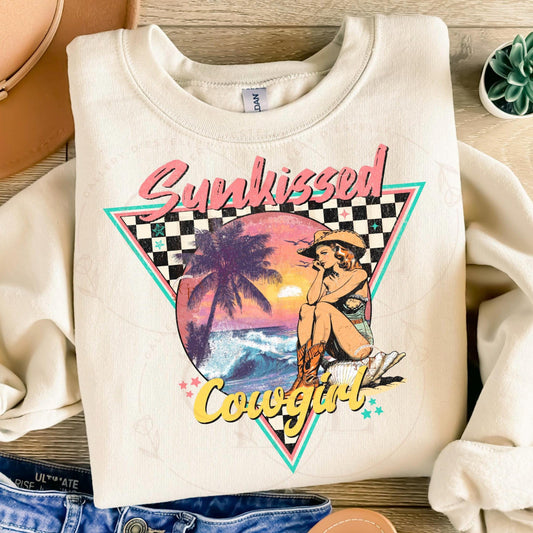 Sunkissed Cowgirl PNG, Retro Coastal Summer Vibes Graphic, Trendy Western Checkered Shirt Design