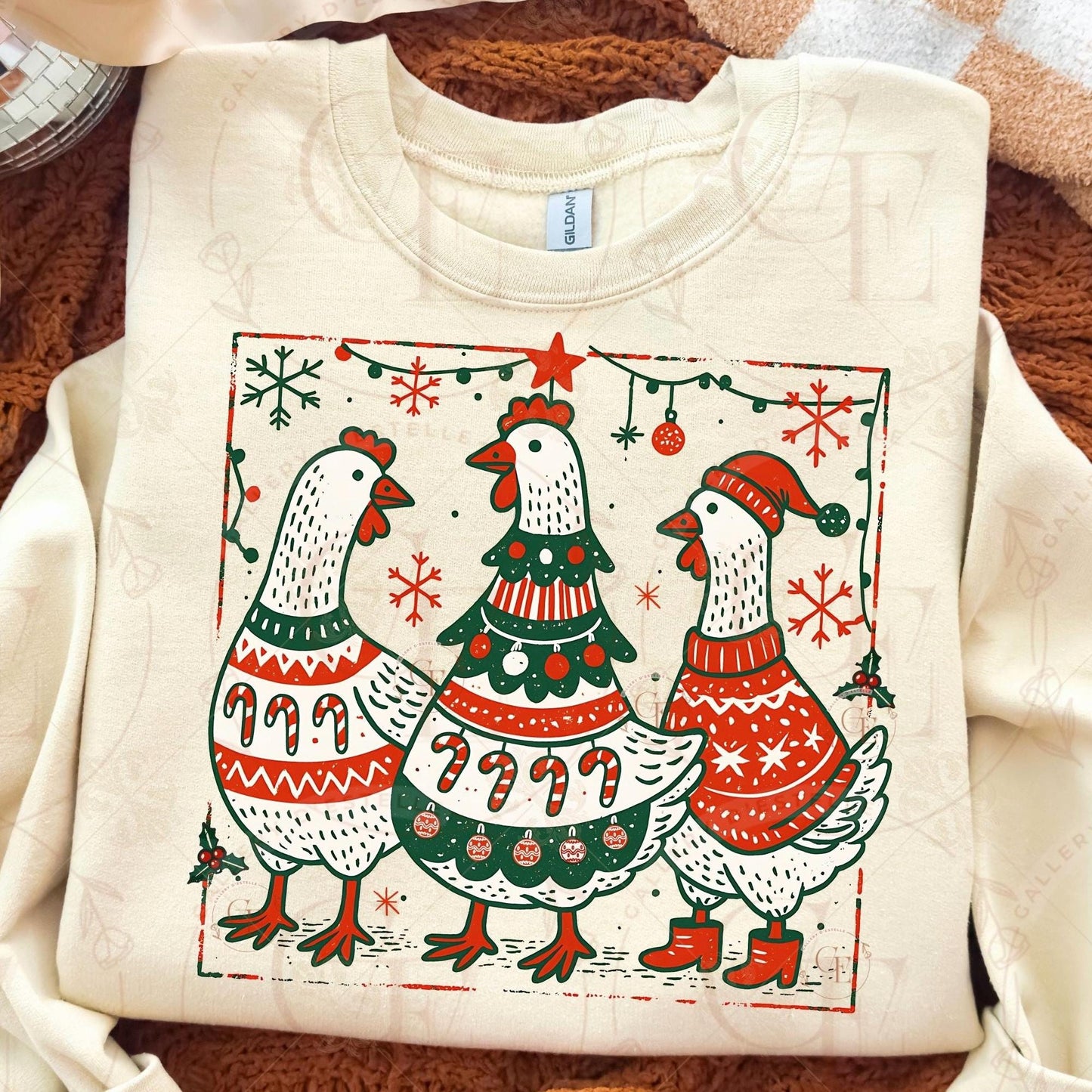 Boho Christmas Chickens PNG, Retro Festive Chicken Graphic, Vintage Farmhouse Holiday Sublimation, Coquette Chick Shirt Design