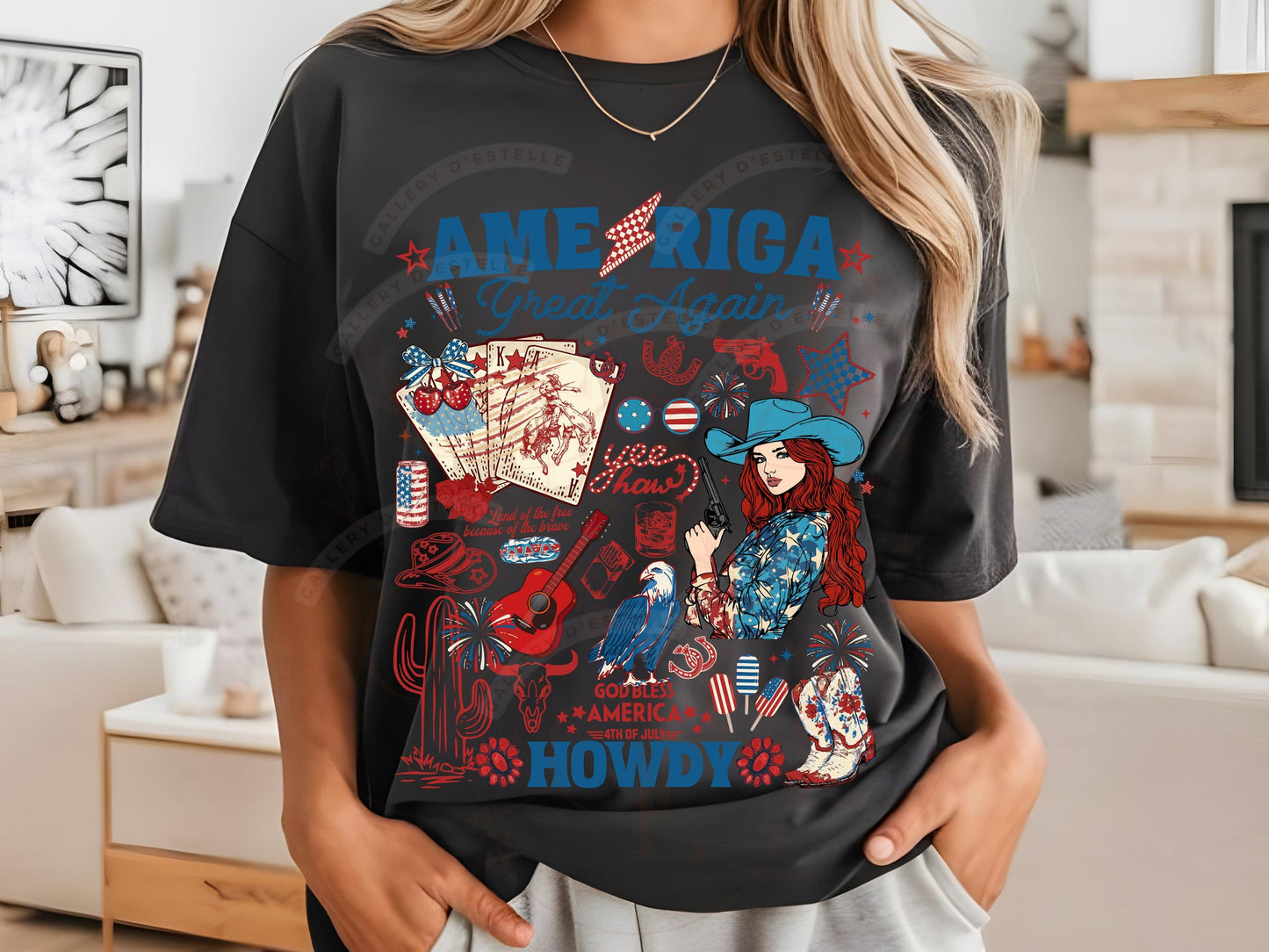 America Great Again PNG, Patriotic Cowgirl Collage, Western 4th of July Graphic, Trendy Checkered Country Shirt Design