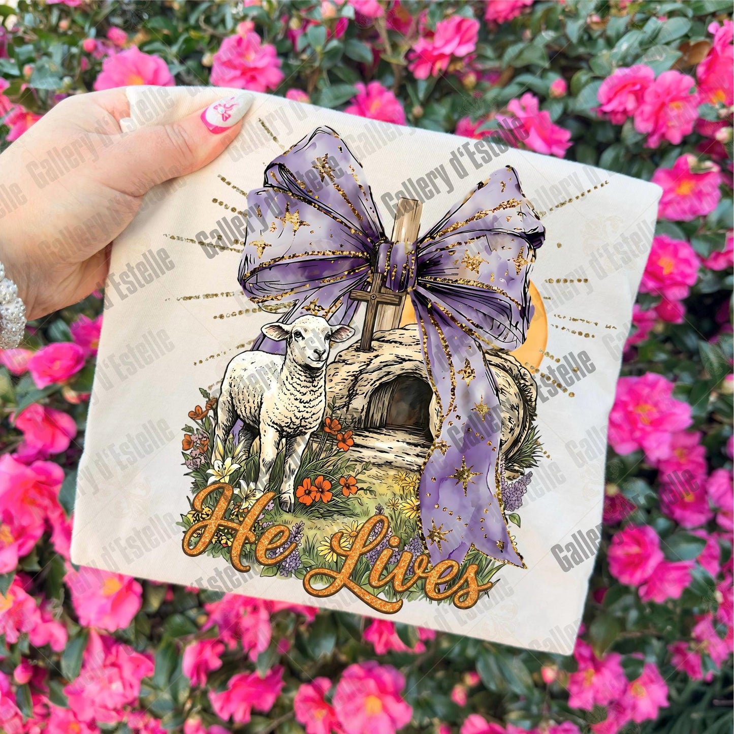 He Lives Easter PNG, Preppy Christian Resurrection Art, Retro Religious Lamb Graphic, Coquette Faith Shirt Design