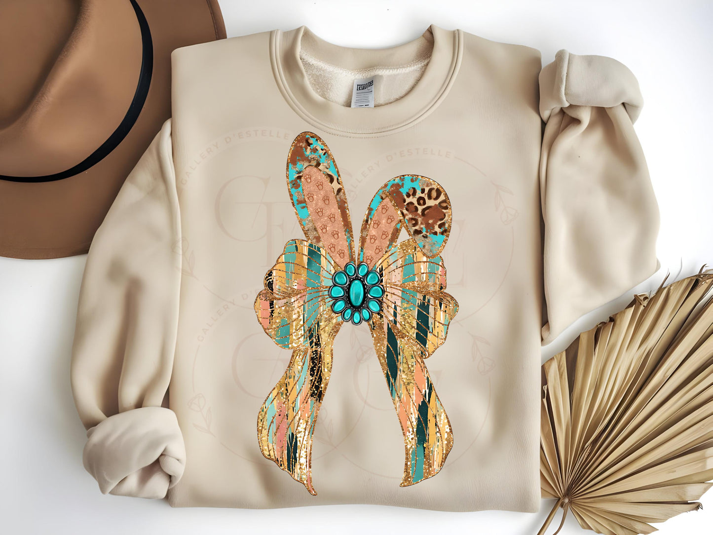 Western Coquette Glitter Bow PNG, Gold Brushstroke Easter Bunny Graphic, Trendy Cowgirl Shirt Design