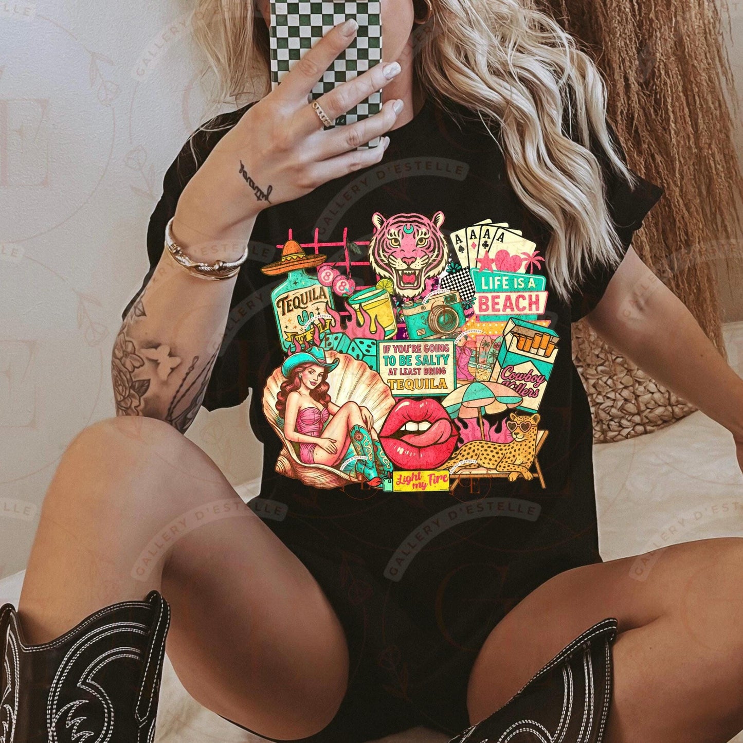 Yallternative Cowgirl Summer Collage PNG, Retro Coastal Girl Mermaid Art, Trendy Country Beach Shirt Design