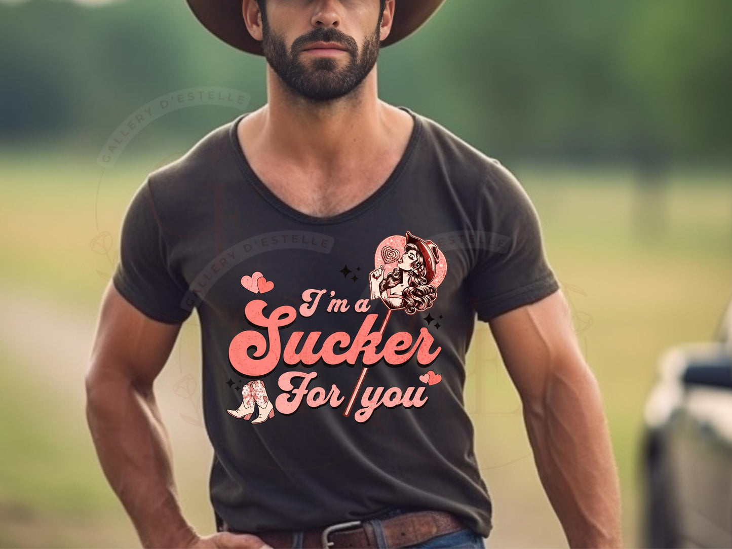 I'm a Sucker for You Western PNG, Sassy Cowgirl Lollipop Graphic, Retro Valentine Art, Trendy Country Shirt Design