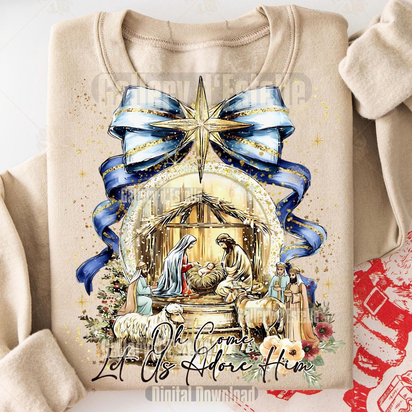 Coquette Nativity Scene PNG, Let Us Adore Him Christian Graphic, Glitter Christmas Sublimation, Cute Holiday Shirt Design