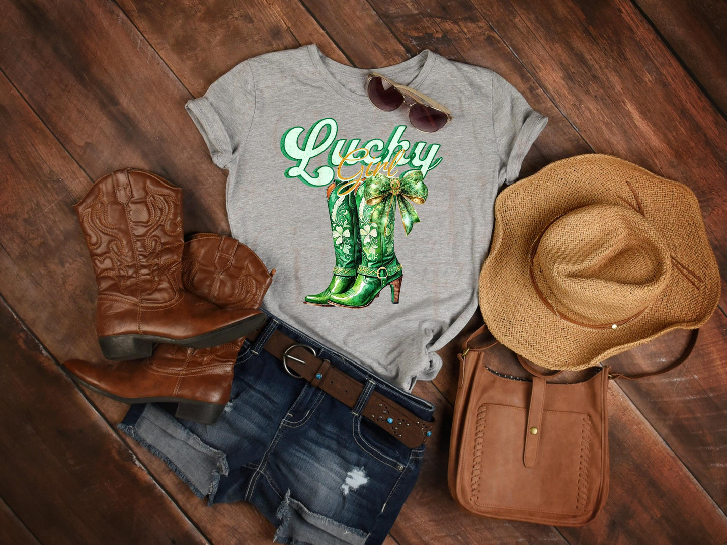 Lucky Girl Western PNG, Retro Cowgirl Boots Graphic, Coquette St.Patricks Day Country Shirt Design