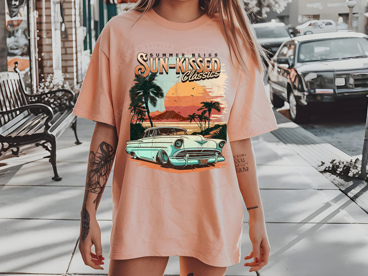 Sun-Kissed Classics PNG, Retro Vintage Race Car Graphic, Trendy Sunset Beach Coastal Shirt Design