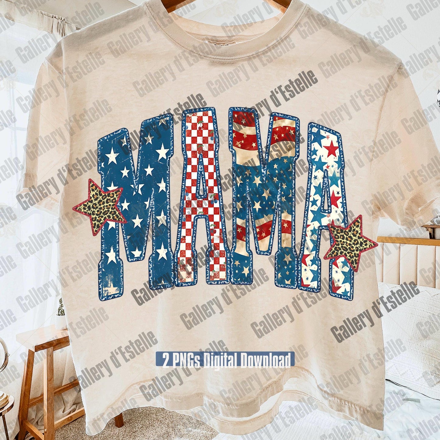 Beige t-shirt with 'MAMA' in colorful 4th of July letters and stars on a white background.