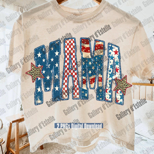 Beige t-shirt with 'MAMA' in colorful 4th of July letters and stars on a white background.