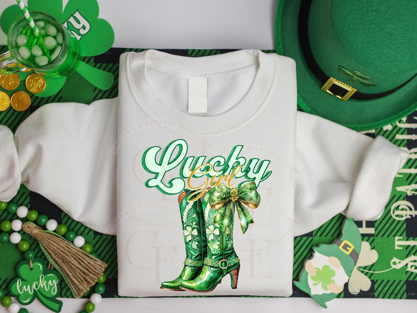 Lucky Girl Western PNG, Retro Cowgirl Boots Graphic, Coquette St.Patricks Day Country Shirt Design