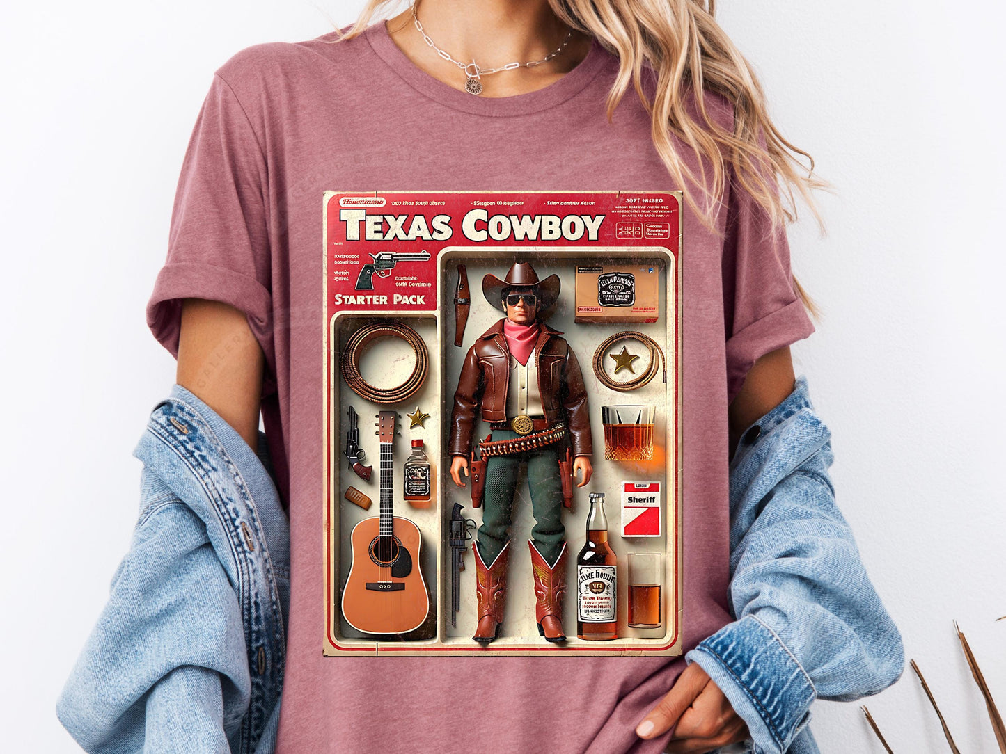 Texas Cowboy Starter Pack PNG, Retro Western Cowboy Graphic, Funny Action Figure Art, Trendy Country Shirt Design