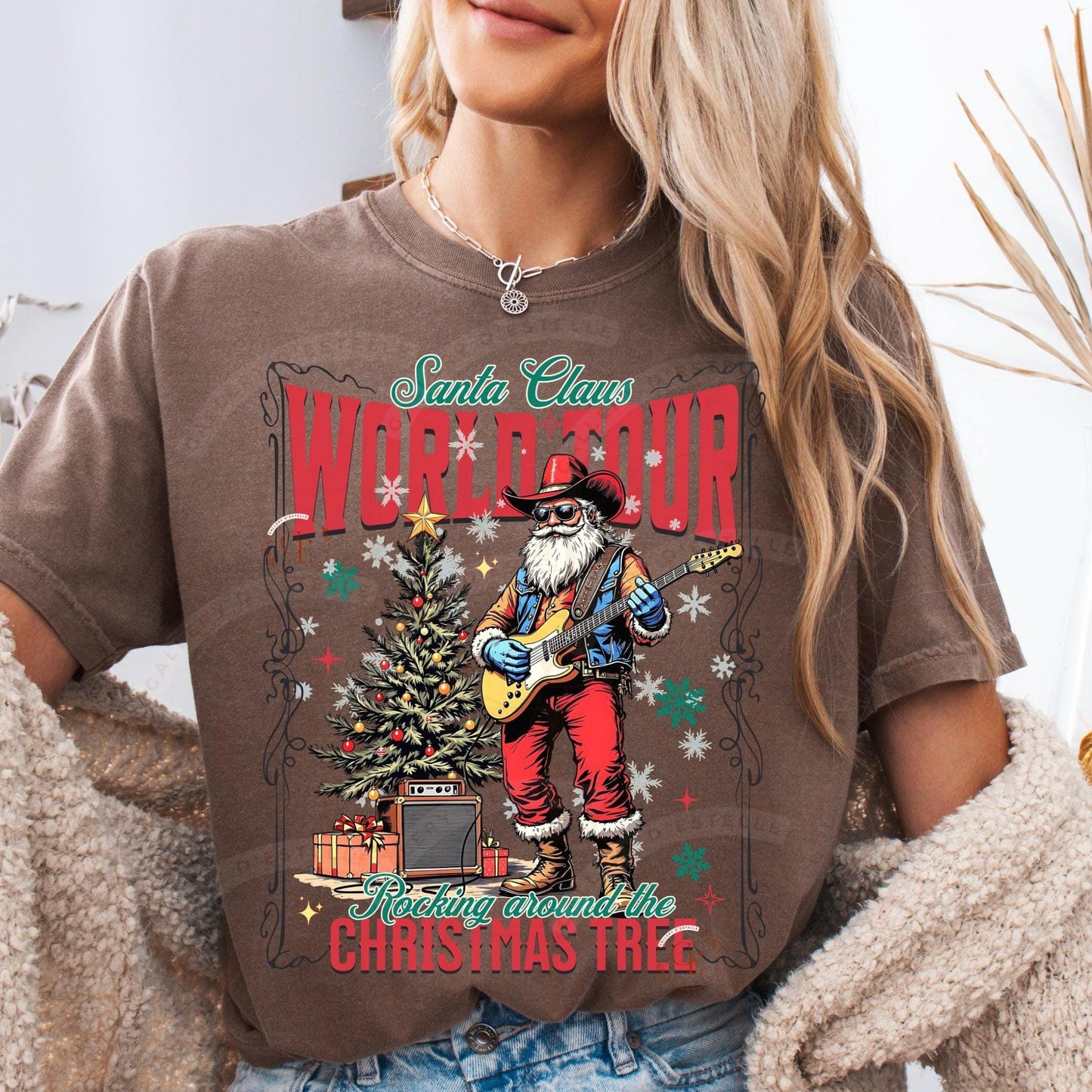 Santa Claus World Tour Western PNG, Retro Christmas Cowboy Rocker Graphic, Trendy Holiday Country Shirt Design