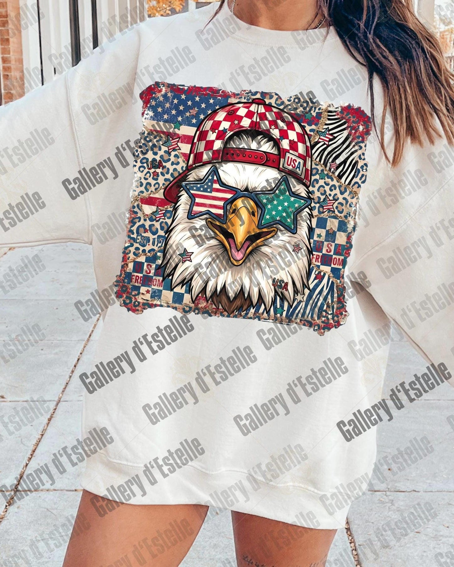 Retro American Eagle PNG, Preppy Patriotic Checkered Leopard Graphic, Trendy 4th of July Shirt Design