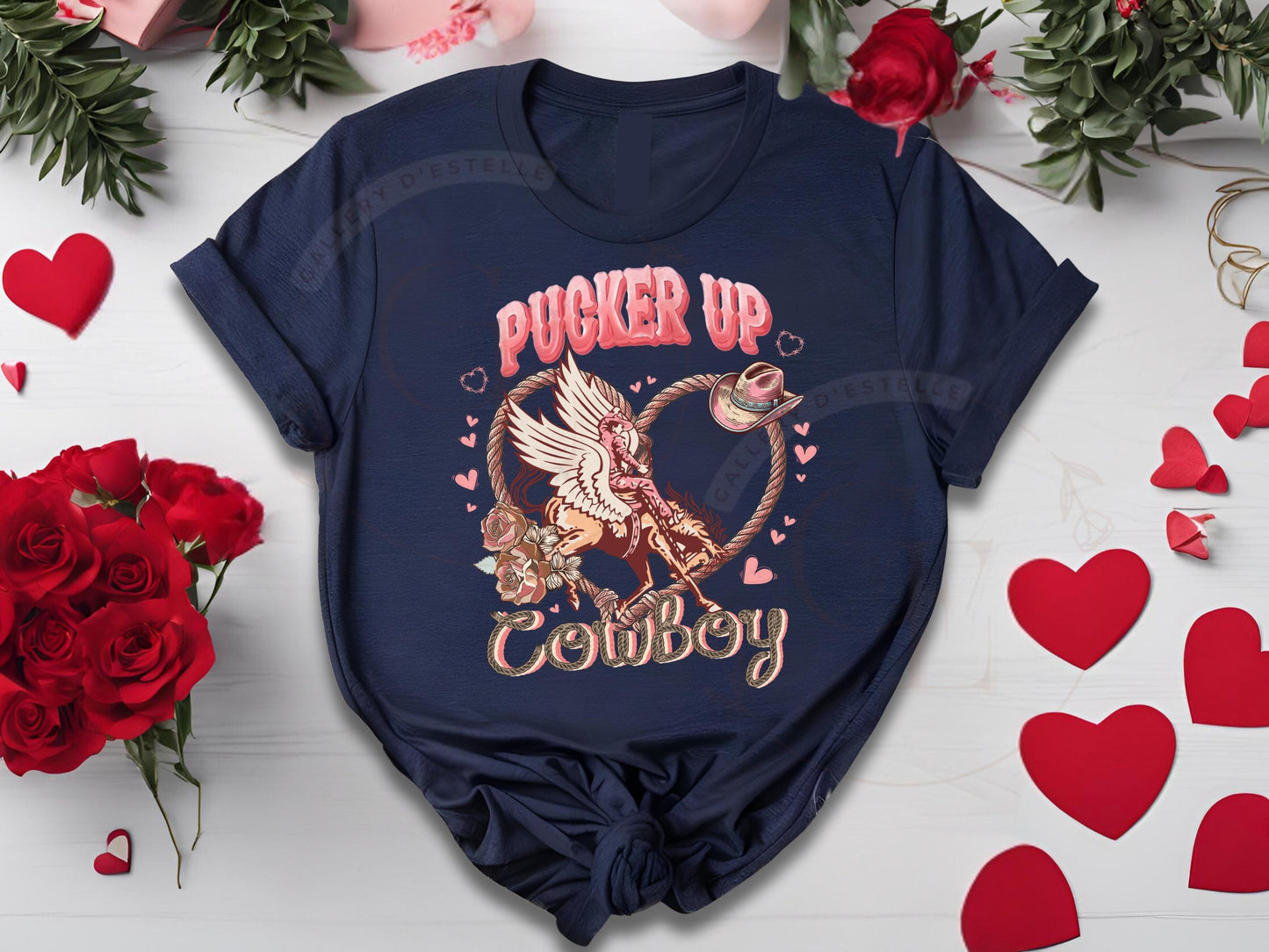 Pucker Up Cowboy PNG, Retro Western Valentine Rodeo Graphic, Cupid Cowboy on Bucking Horse Art, Trendy Country Shirt Design