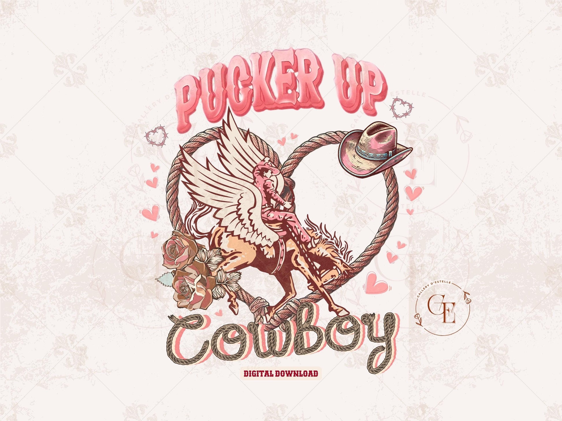 Pucker Up Cowboy PNG, Retro Western Valentine Rodeo Graphic, Cupid Cowboy on Bucking Horse Art, Trendy Country Shirt Design
