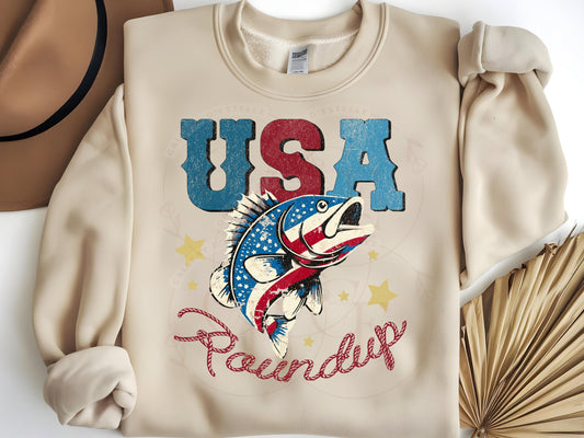USA Roundup PNG, Retro Patriotic Bass Fish Graphic, Western 4th of July Independence Day Shirt Design
